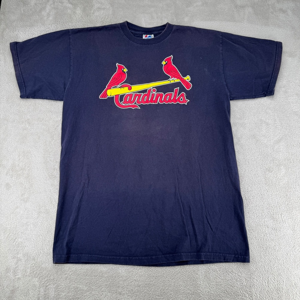 Majestic St Louis Cardinals Mens XL Blue T Shirt Preowned Cross 22 Faded Stains